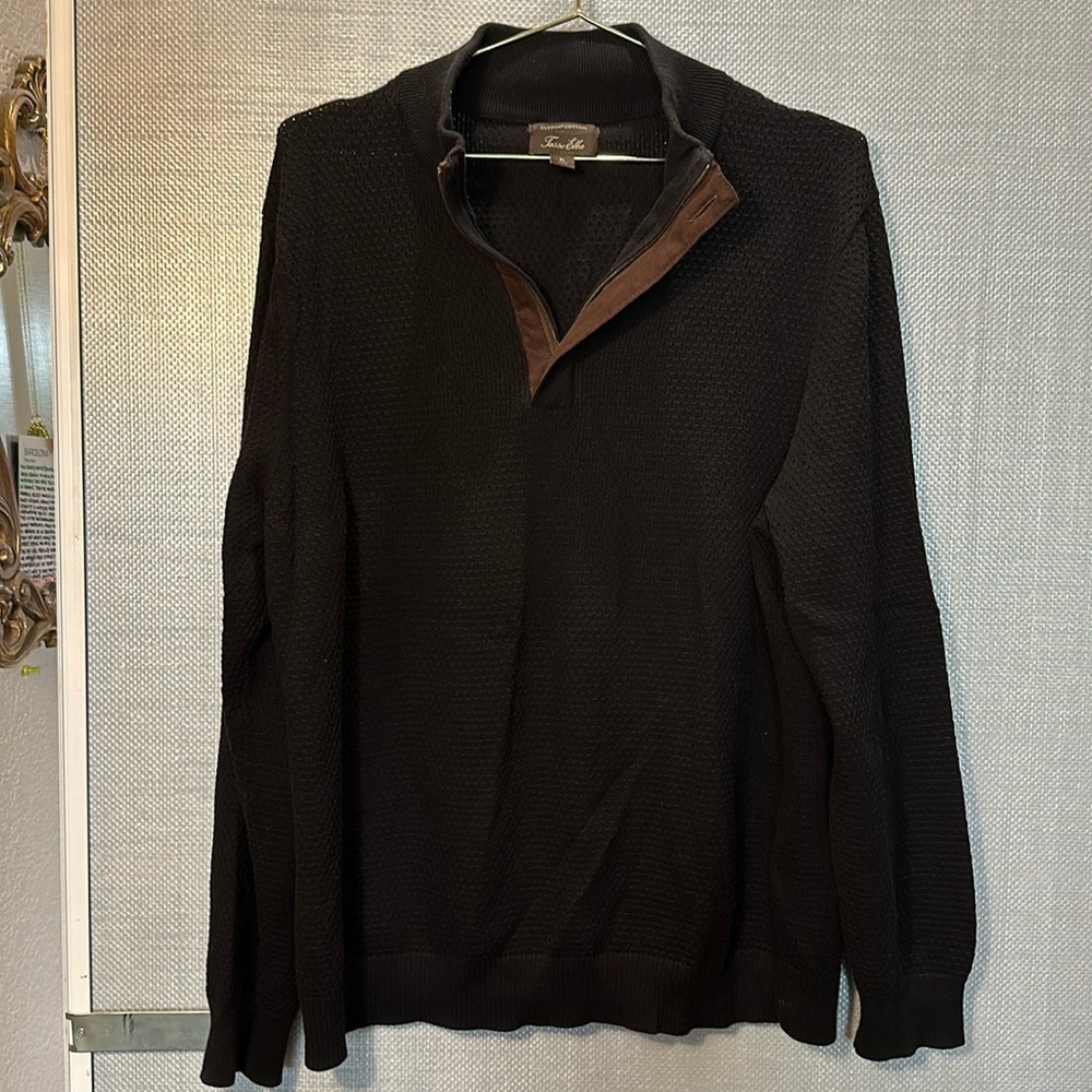 Tasso Elba Supima Cotton Lightweight black brown trim sweater Size XL